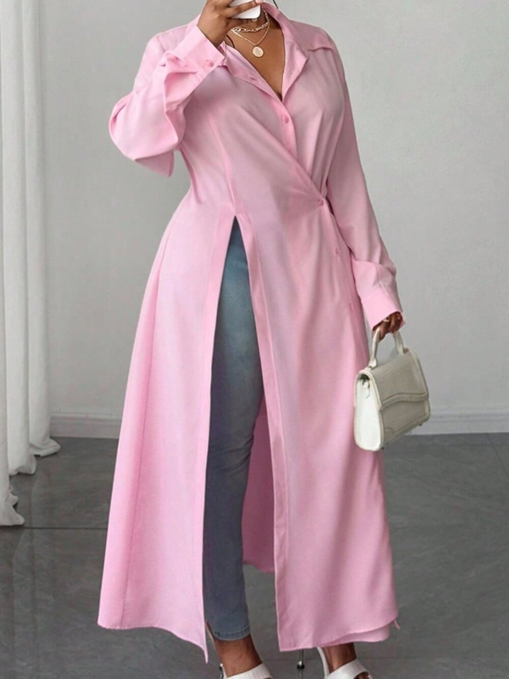 Pink Casual Women's Regular Fit Plain Drop Shoulder Long Sleeve Maxi Shirt